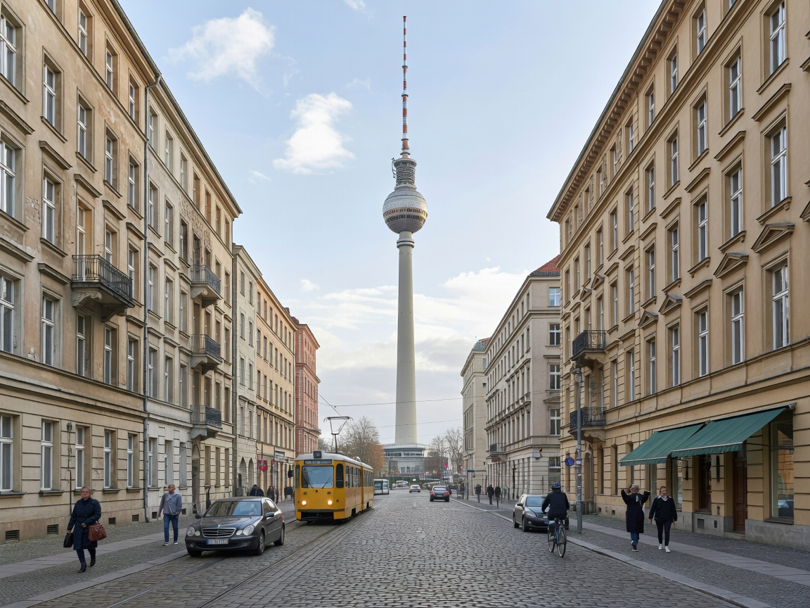 Berlin Germany television tower and urban streetscape