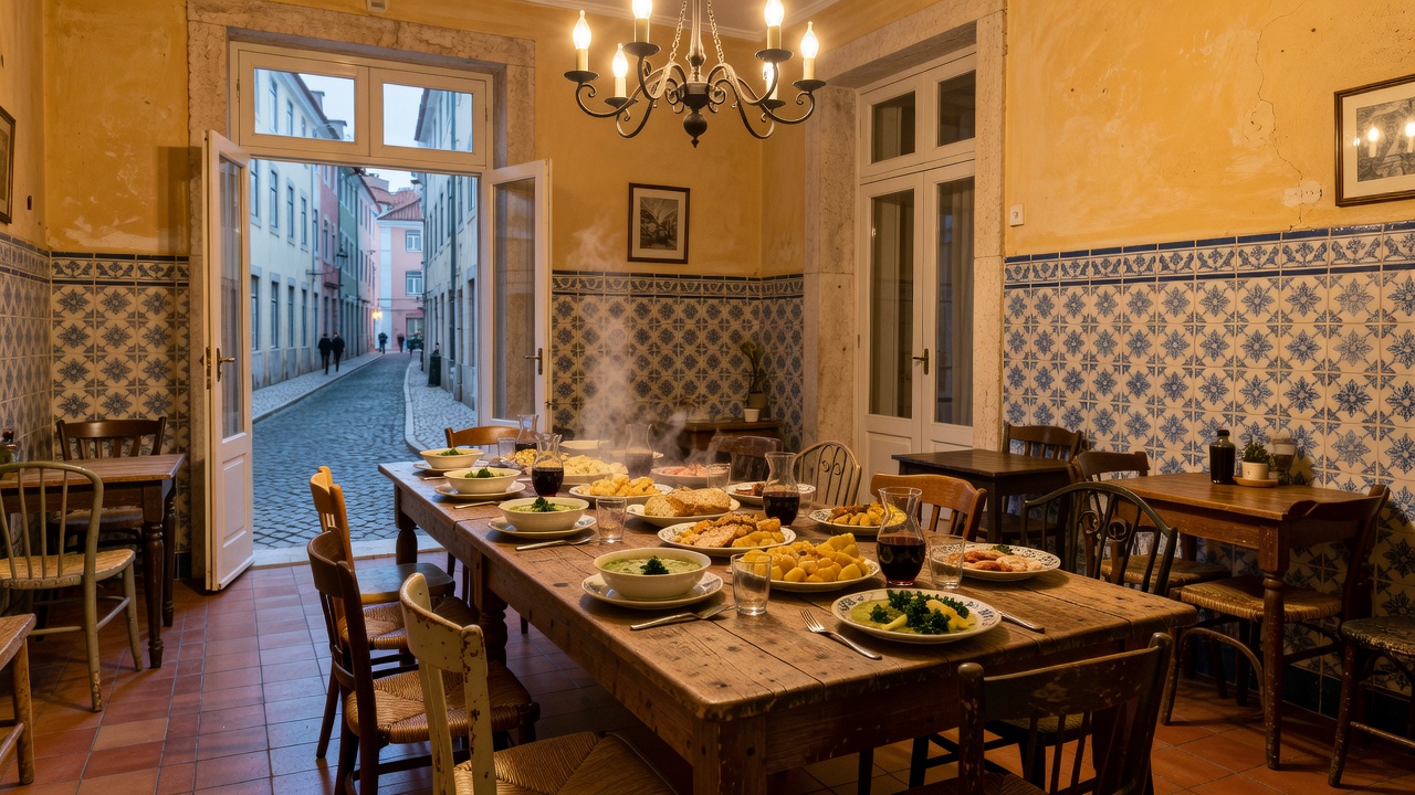 Home Lisbon Hostel dining table set for nightly family dinner