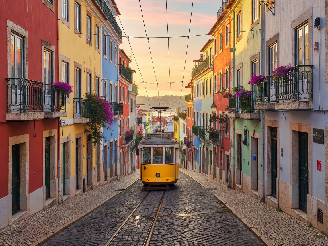 Lisbon Portugal colorful street and yellow tram