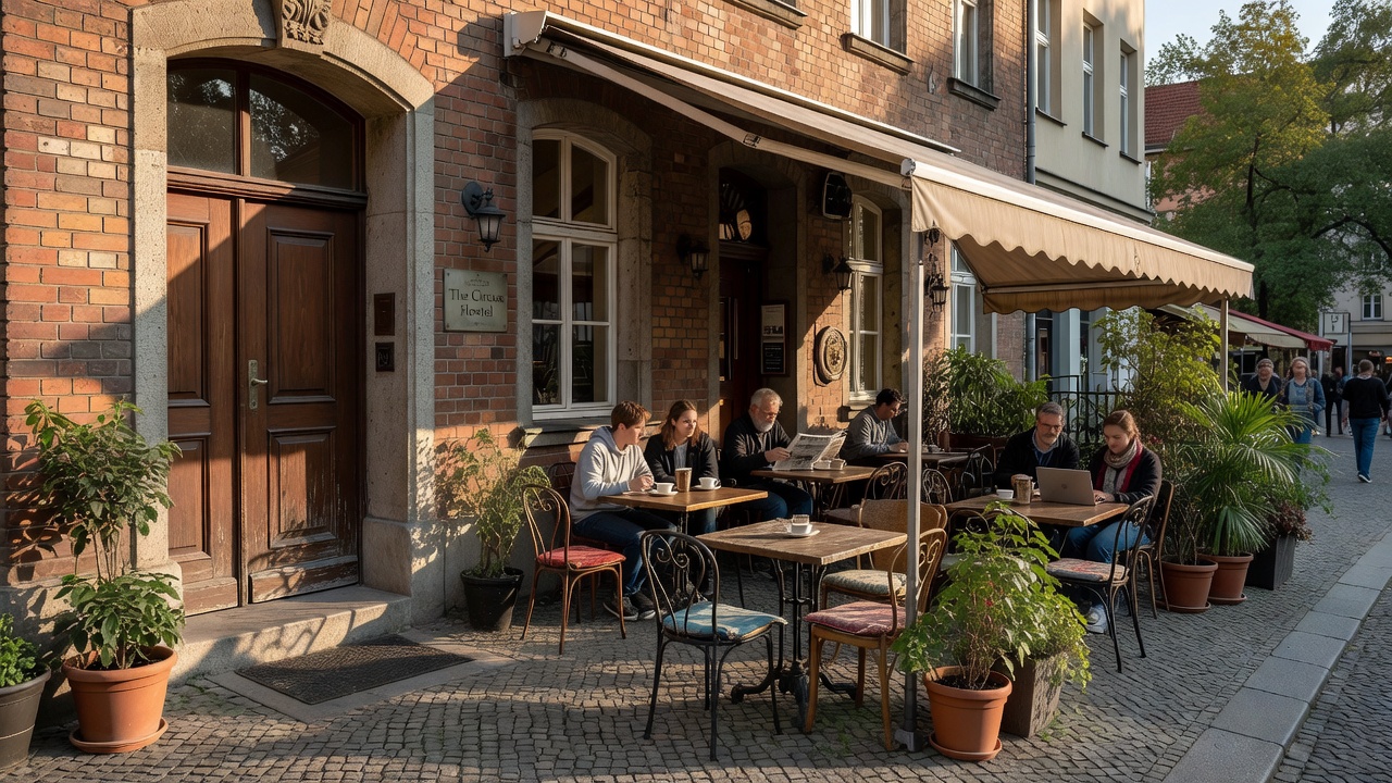 The Circus Hostel Berlin front entrance and cafe terrace